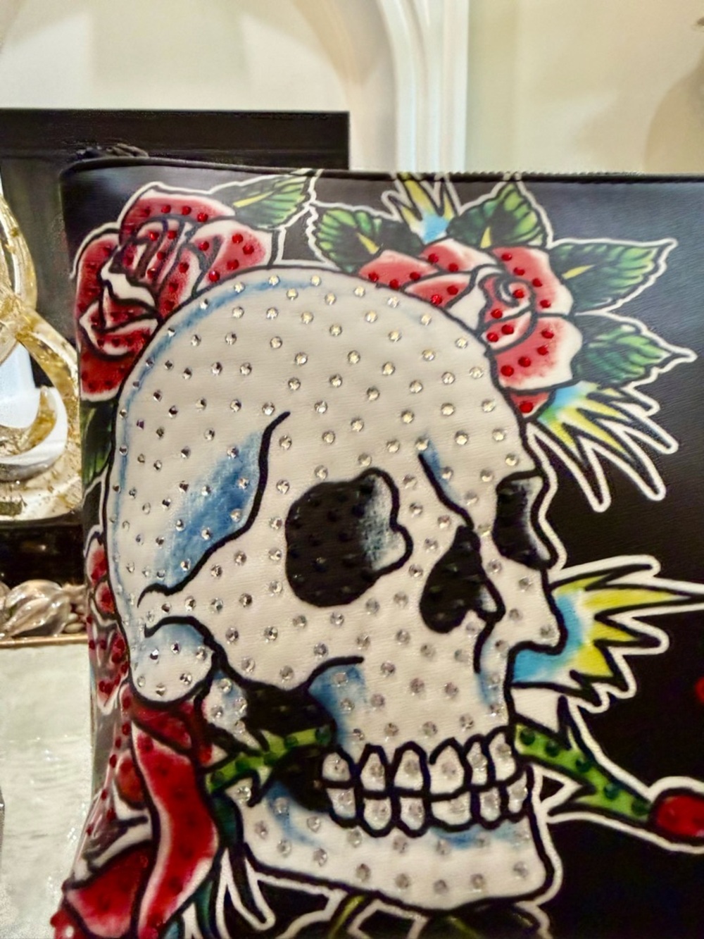 Ed Hardy Black Skull & Roses Decorative Pouch with Red Script - Picture 2 of 6